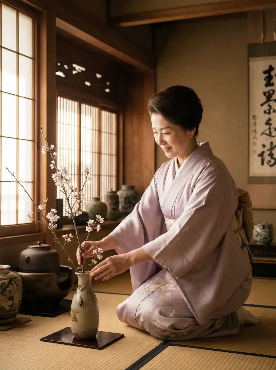 一位优雅的 苍井空 在和室中插花